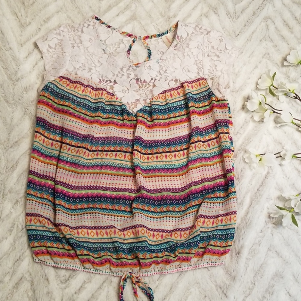 Multicolor Pattern and White Lace Sheer Top